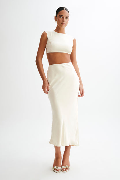 ROF Viviana Saten Kolsuz Crop Top - Fildişi