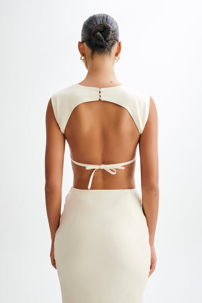 ROF Viviana Saten Kolsuz Crop Top - Fildişi