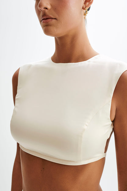 ROF Viviana Saten Kolsuz Crop Top - Fildişi