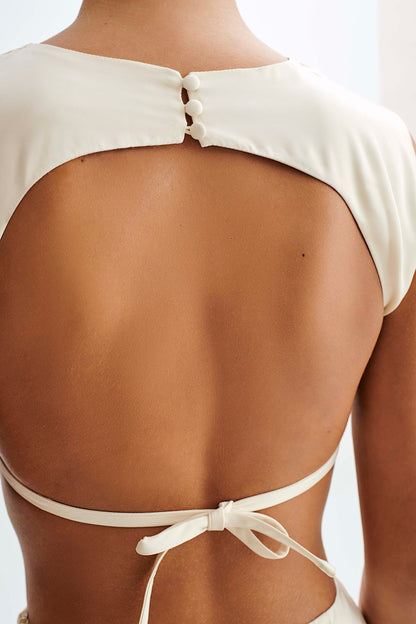 ROF Viviana Saten Kolsuz Crop Top - Fildişi
