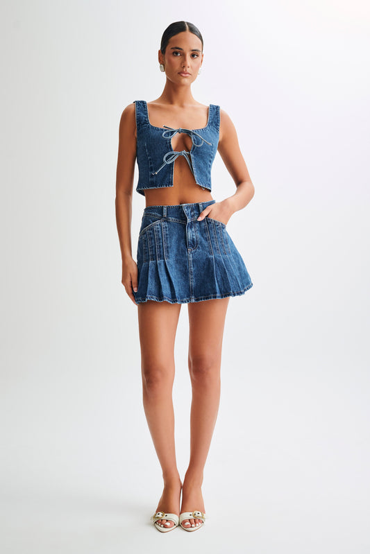 ROF Heather Denim Piliseli Mini Etek - Lacivert