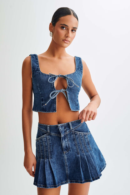 ROF Heather Denim Piliseli Mini Etek - Lacivert