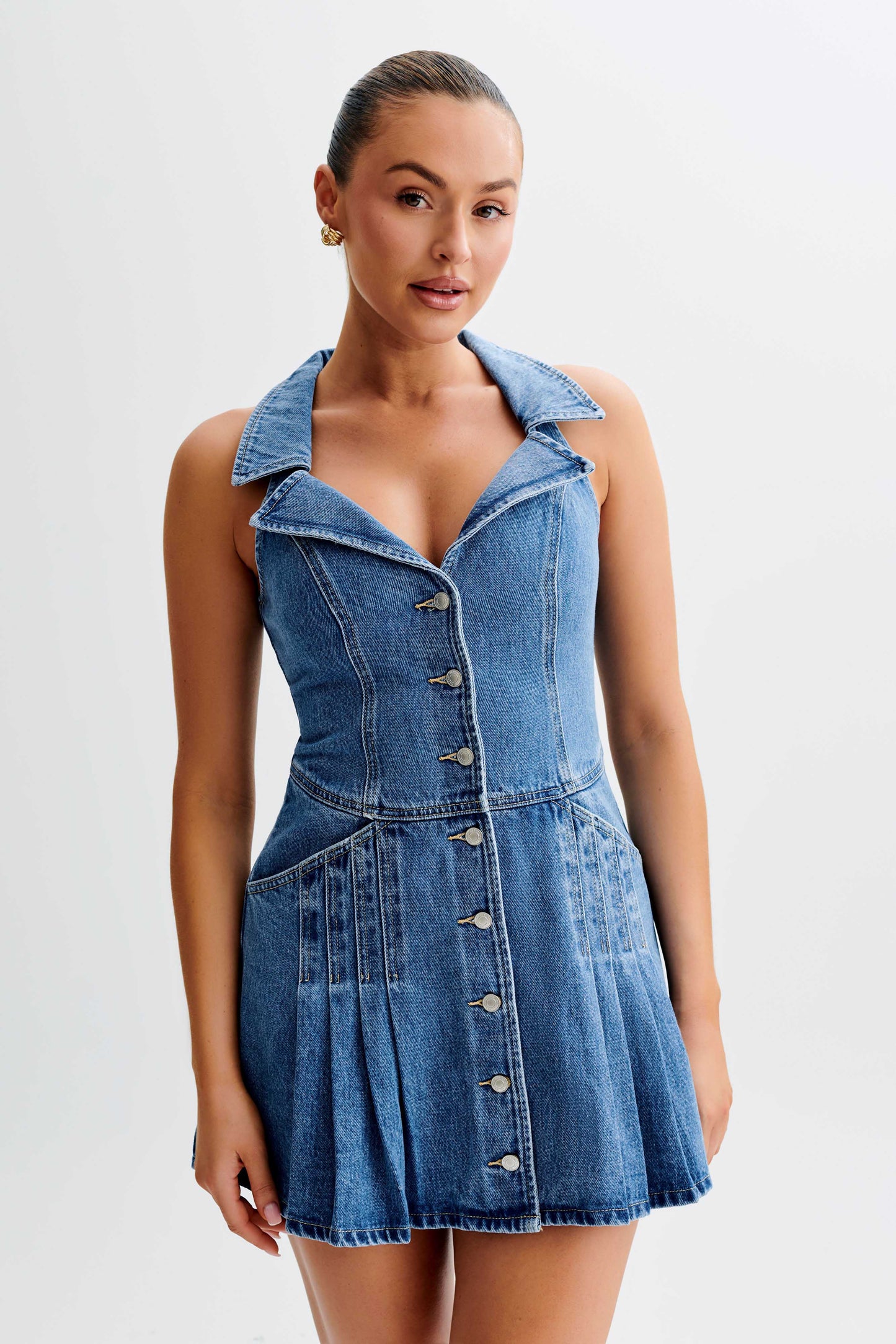 ROF Porter Yakalı Denim Mini Elbise - 70'Ler Mavi