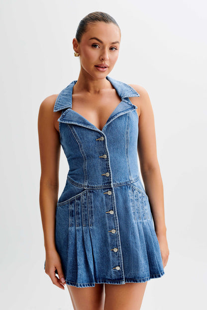ROF Porter Yakalı Denim Mini Elbise - 70'Ler Mavi