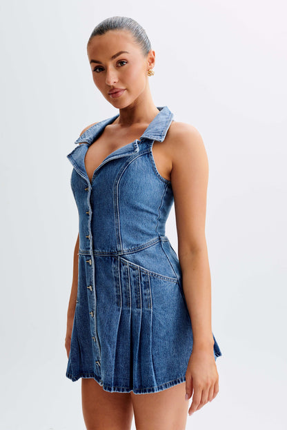 ROF Porter Yakalı Denim Mini Elbise - 70'Ler Mavi