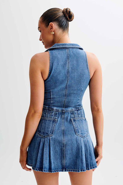 ROF Porter Yakalı Denim Mini Elbise - 70'Ler Mavi