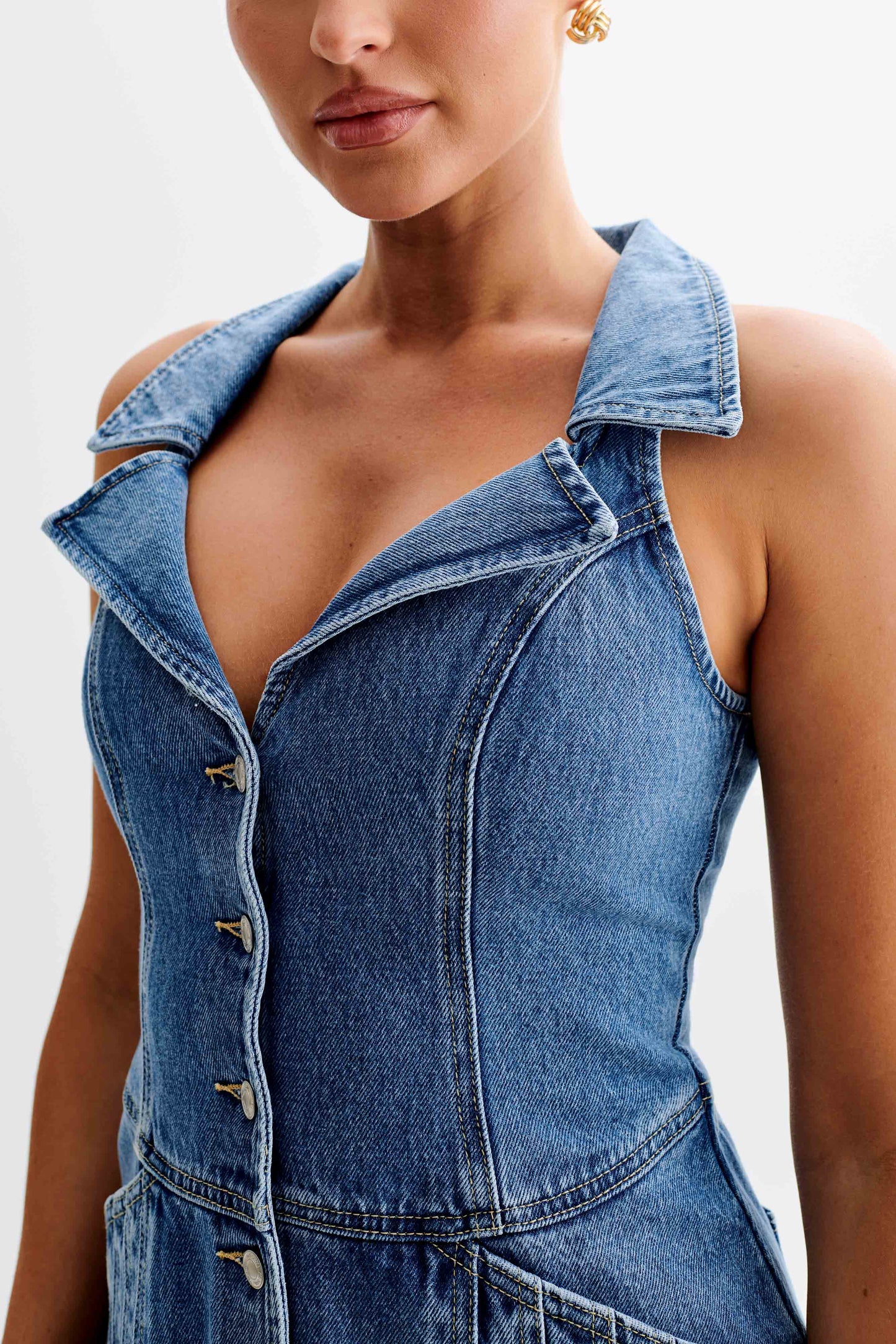 ROF Porter Yakalı Denim Mini Elbise - 70'Ler Mavi