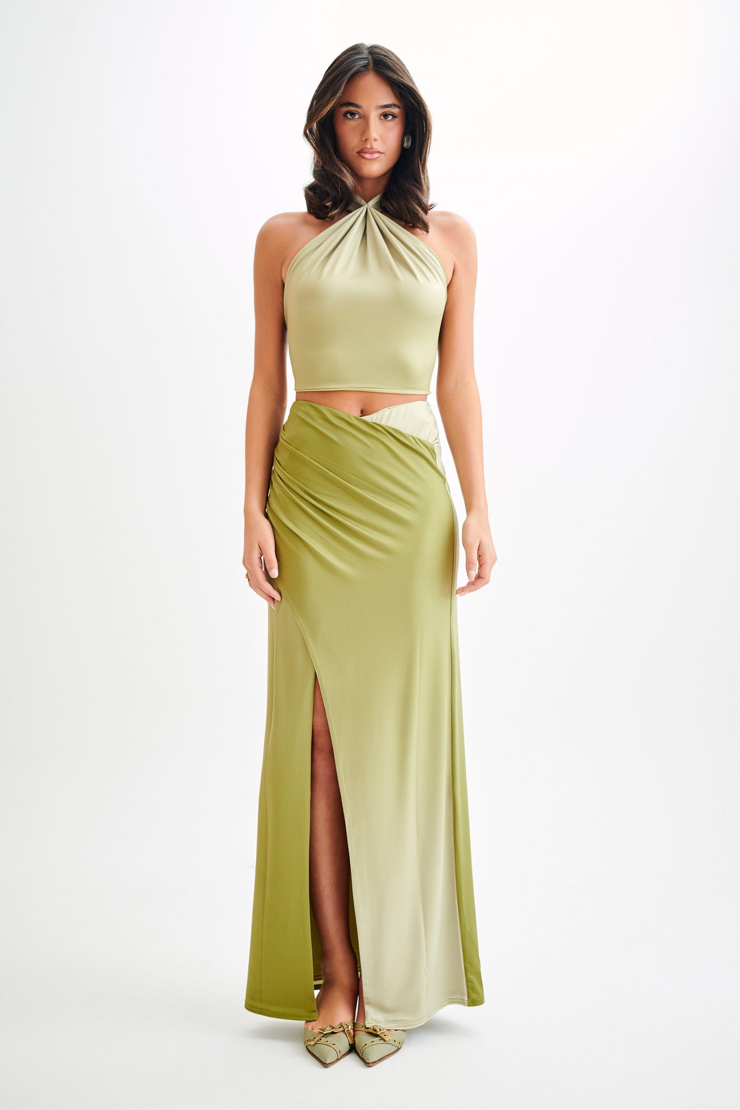 ROF Bronwyn Slinky Dantelli Yırtmaçlı Maxi Etek - Ombre Vintage Olive