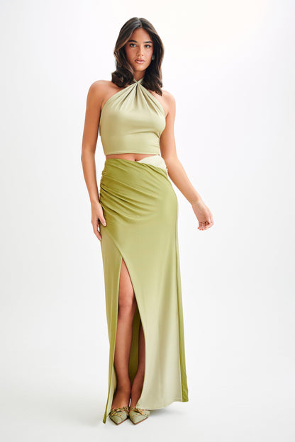 ROF Bronwyn Slinky Dantelli Yırtmaçlı Maxi Etek - Ombre Vintage Olive