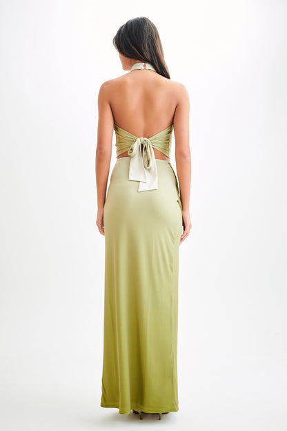 ROF Bronwyn Slinky Dantelli Yırtmaçlı Maxi Etek - Ombre Vintage Olive