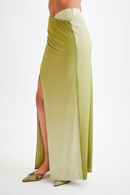 ROF Bronwyn Slinky Dantelli Yırtmaçlı Maxi Etek - Ombre Vintage Olive
