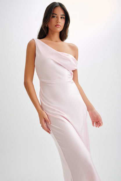ROF Asimetrik Kenarlı Yvette Slip Maxi Elbise - Soluk Pembe