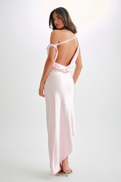 ROF Asimetrik Kenarlı Yvette Slip Maxi Elbise - Soluk Pembe