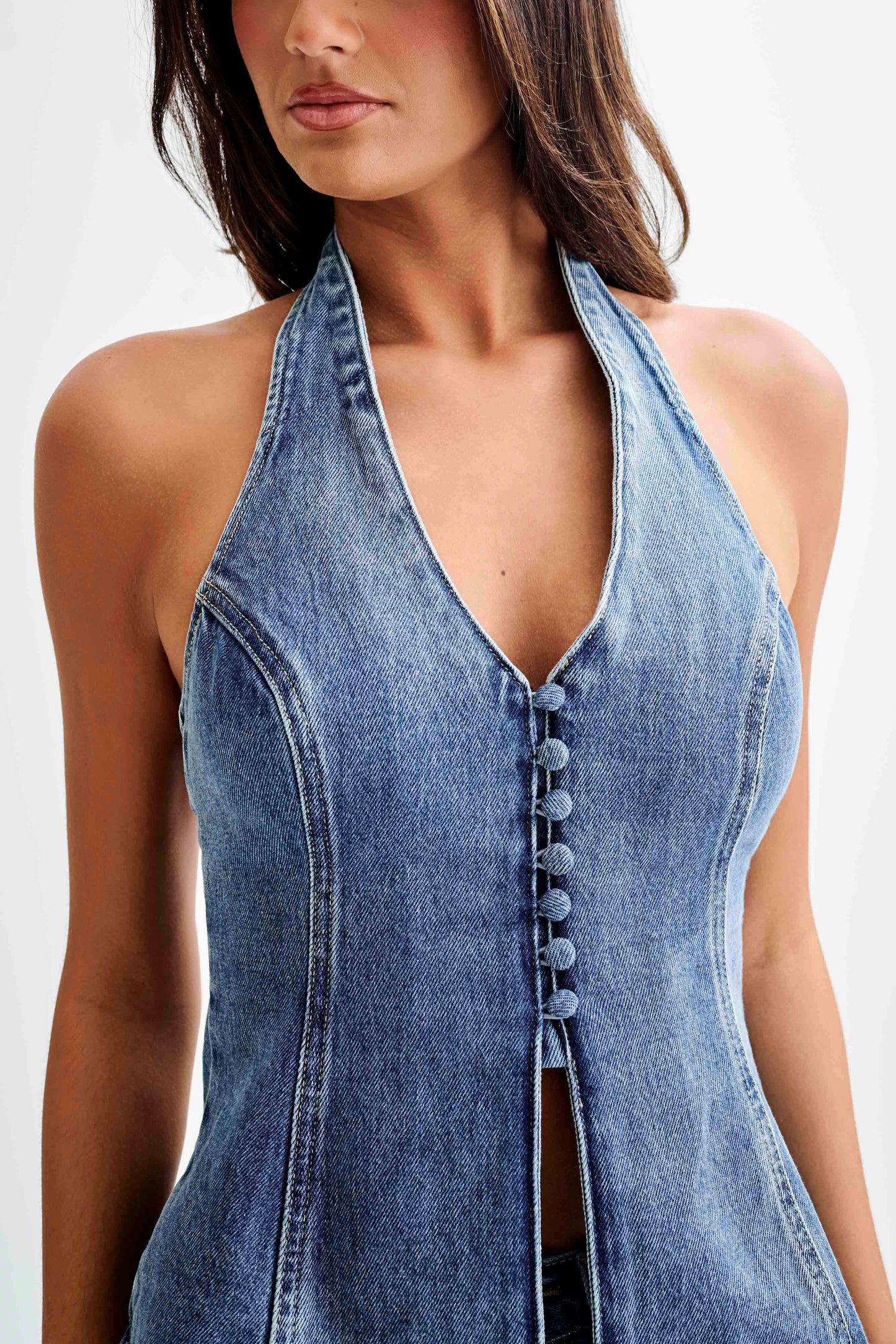ROF Hindistan Önden Düğmeli Boyundan Bağlamalı Denim Uzun Üst - Yıkanmış Orta Mavi
