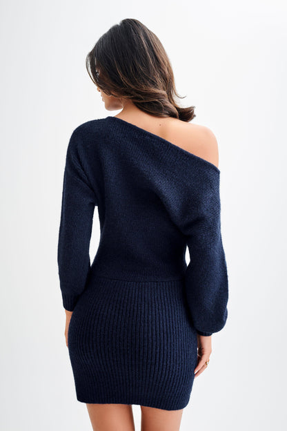 ROF Rafferty Kayık Yaka Örgü Mini Elbise - Lacivert