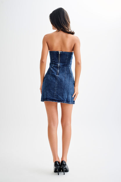 ROF Cecily Straplez Denim Mini Elbise - Koyu Mavi