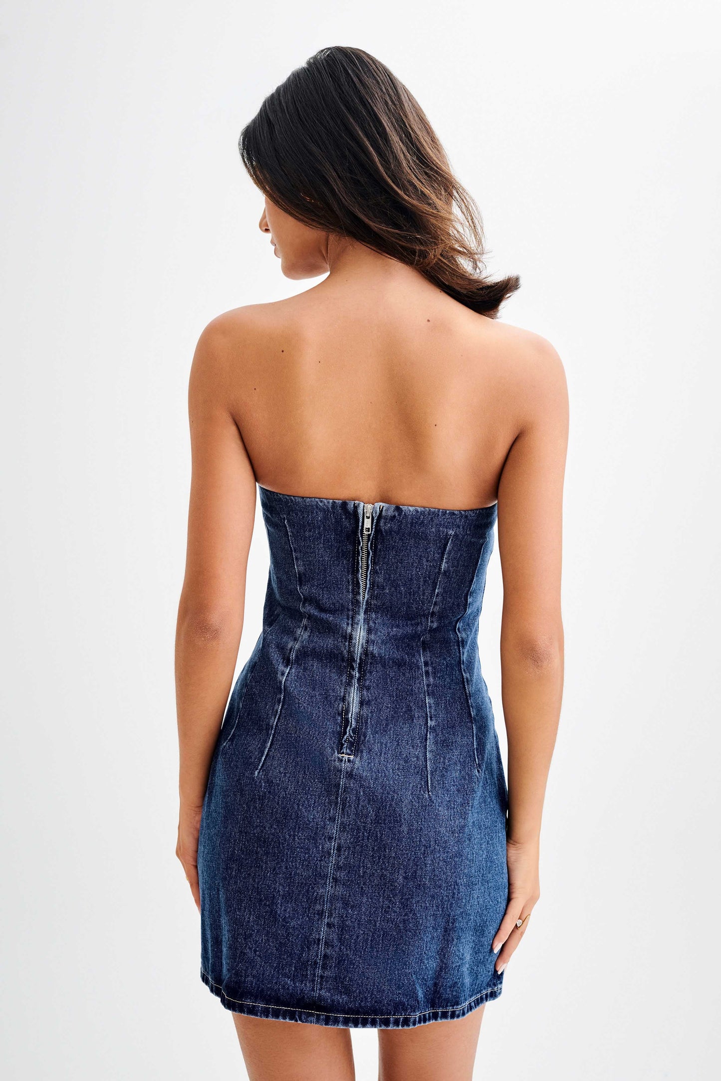 ROF Cecily Straplez Denim Mini Elbise - Koyu Mavi