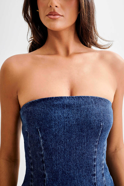 ROF Cecily Straplez Denim Mini Elbise - Koyu Mavi
