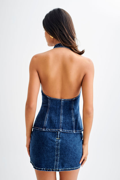 ROF Hindistan Önden Düğmeli Boyundan Bağlamalı Denim Uzun Üst - Koyu Mavi