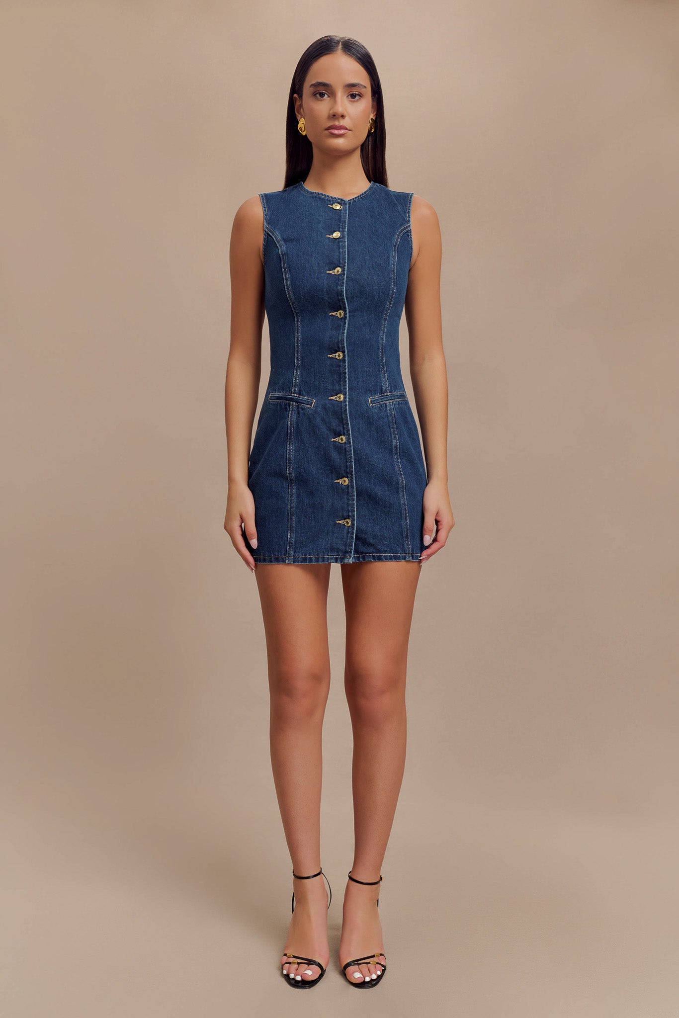 ROF Jane Düğmeli Denim Mini Elbise - Koyu Mavi