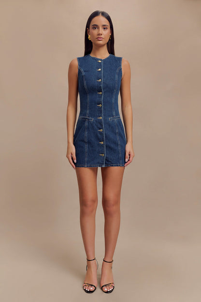 ROF Jane Düğmeli Denim Mini Elbise - Koyu Mavi