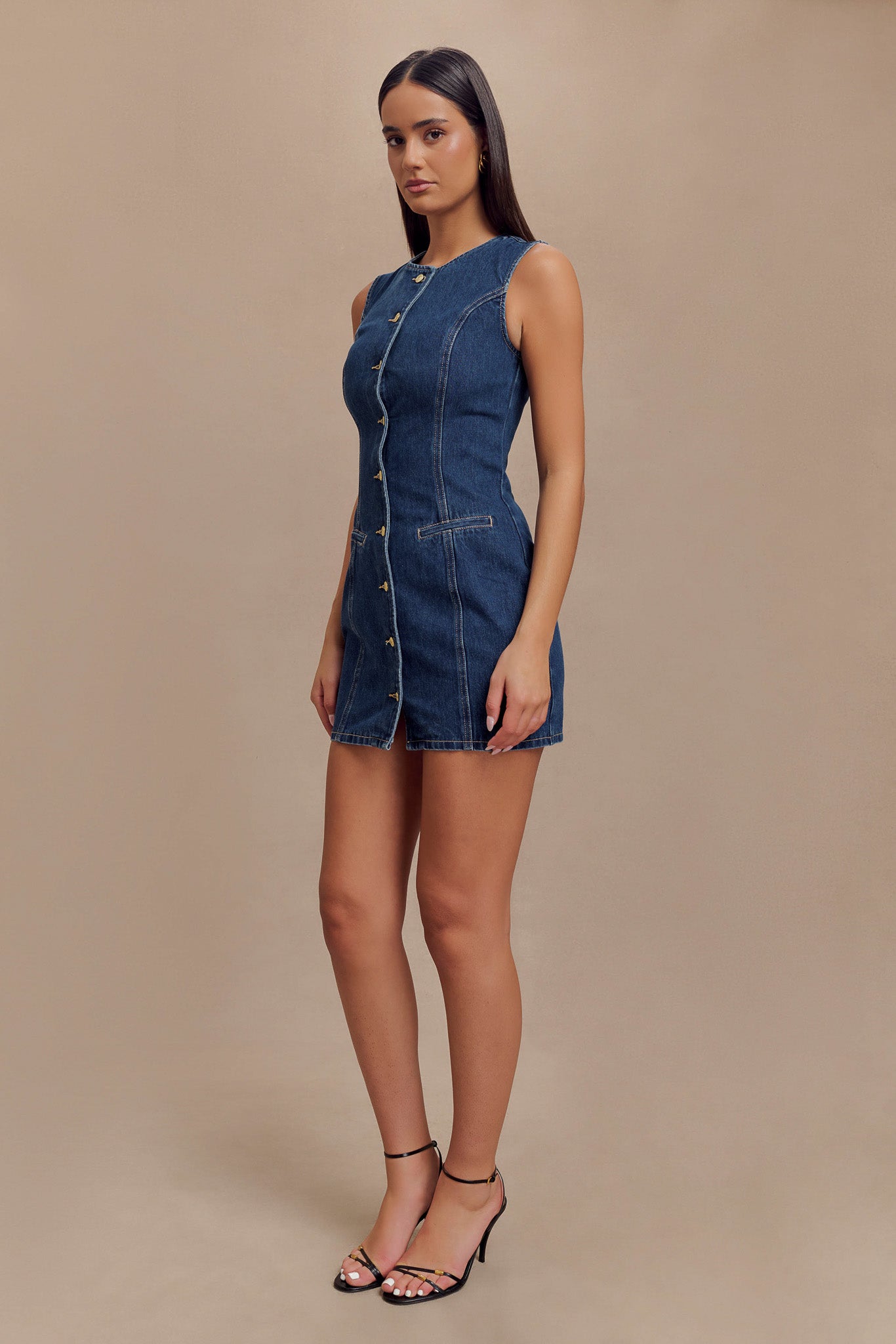 ROF Jane Düğmeli Denim Mini Elbise - Koyu Mavi