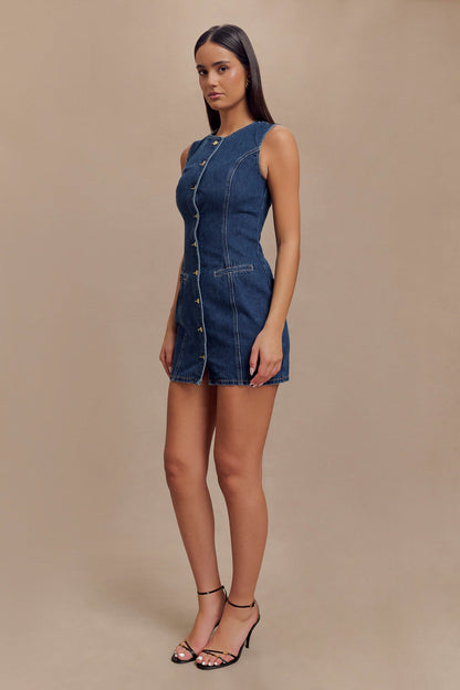 ROF Jane Düğmeli Denim Mini Elbise - Koyu Mavi