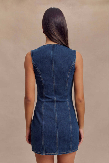 ROF Jane Düğmeli Denim Mini Elbise - Koyu Mavi
