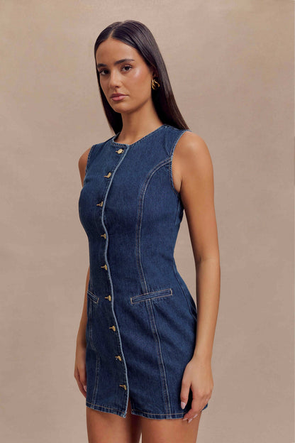 ROF Jane Düğmeli Denim Mini Elbise - Koyu Mavi
