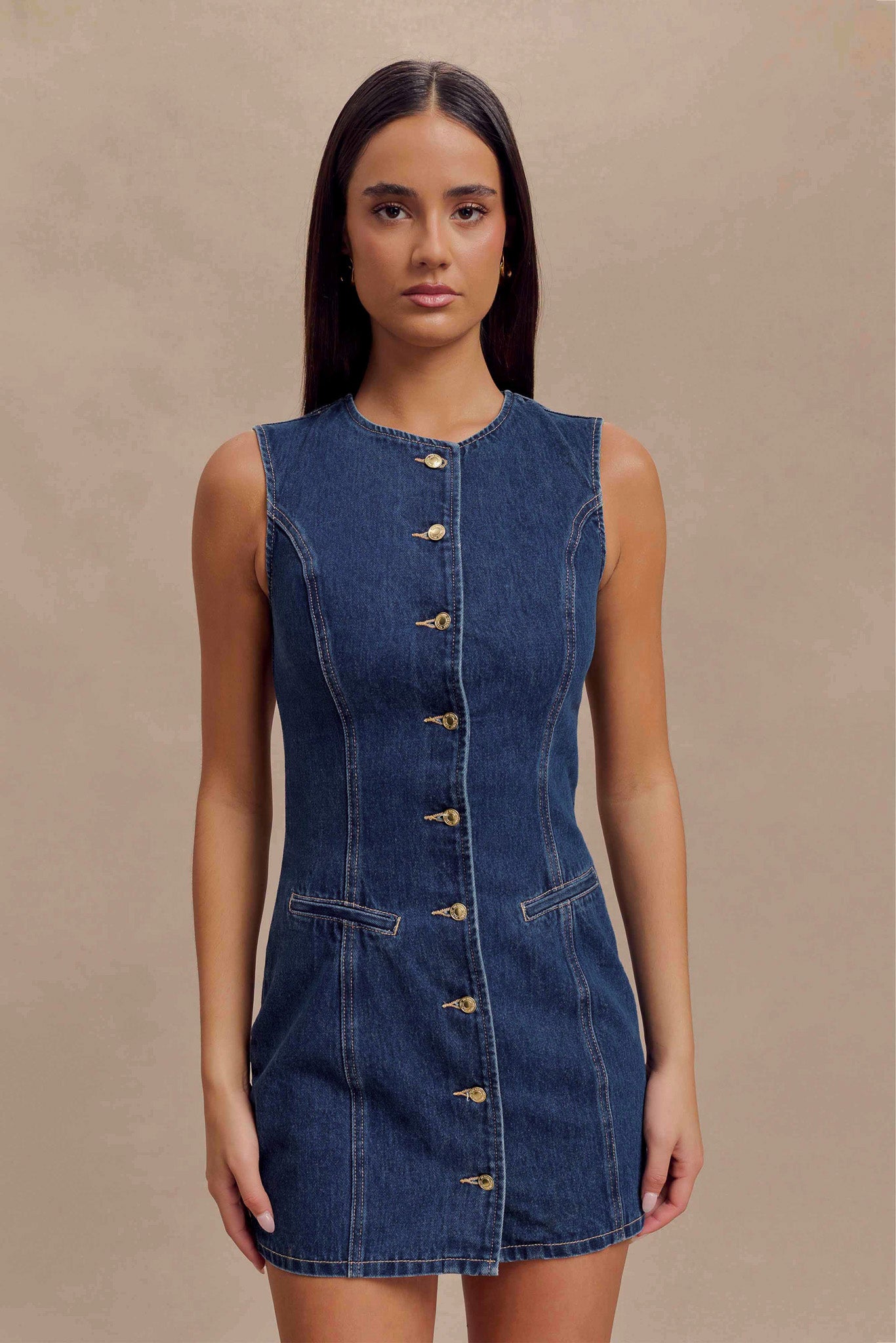 ROF Jane Düğmeli Denim Mini Elbise - Koyu Mavi