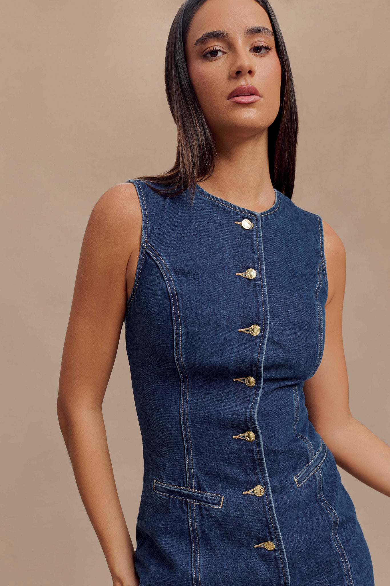 ROF Jane Düğmeli Denim Mini Elbise - Koyu Mavi