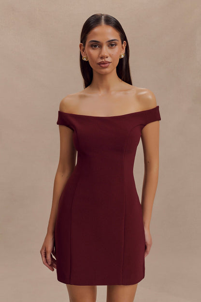 ROF Cassidy Krep Düşük Omuz Mini Elbise - Merlot