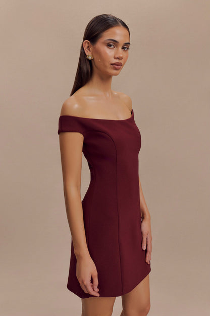 ROF Cassidy Krep Düşük Omuz Mini Elbise - Merlot