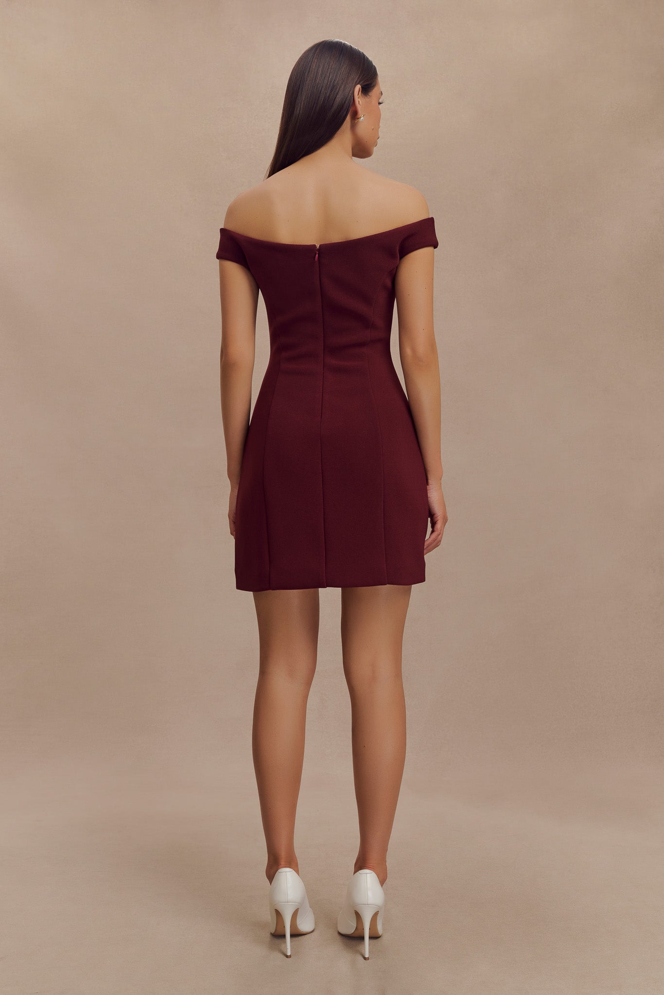 ROF Cassidy Krep Düşük Omuz Mini Elbise - Merlot