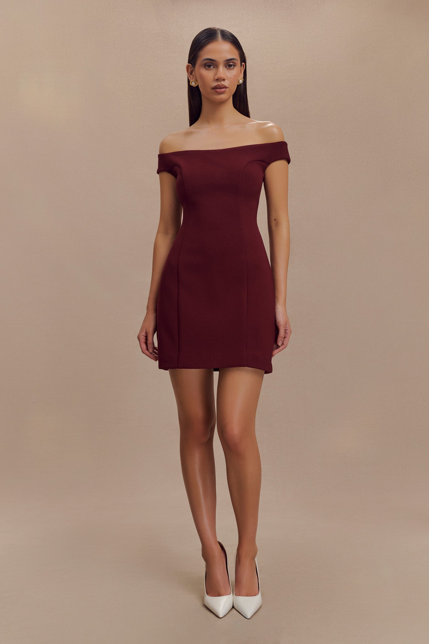 ROF Cassidy Krep Düşük Omuz Mini Elbise - Merlot