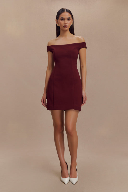 ROF Cassidy Krep Düşük Omuz Mini Elbise - Merlot