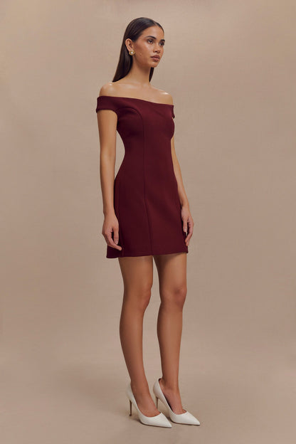ROF Cassidy Krep Düşük Omuz Mini Elbise - Merlot