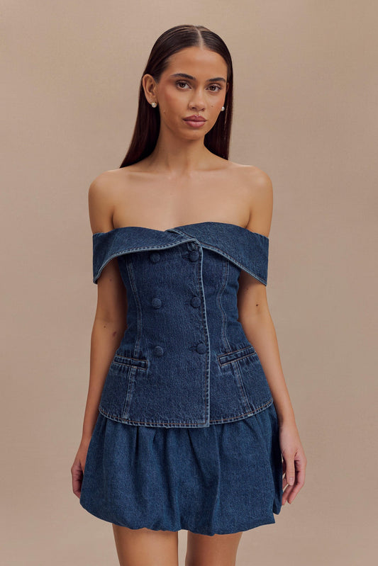 ROF Krista Denim Düşük Omuz Üst - Koyu Mavi