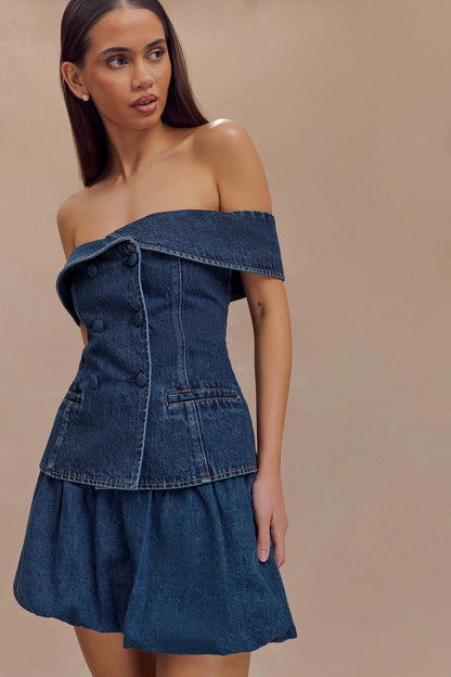 ROF Genia Baloncuklu Denim Mini Etek - Lacivert