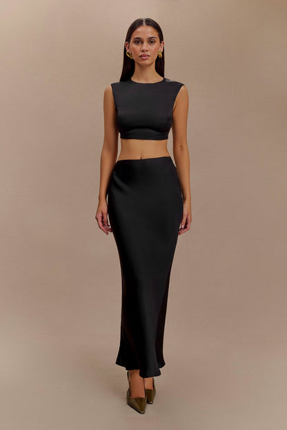 ROF Viviana Saten Kolsuz Crop Top - Siyah