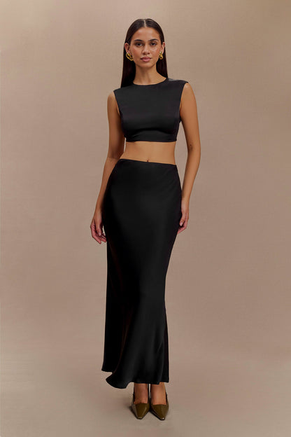 ROF Viviana Saten Kolsuz Crop Top - Siyah