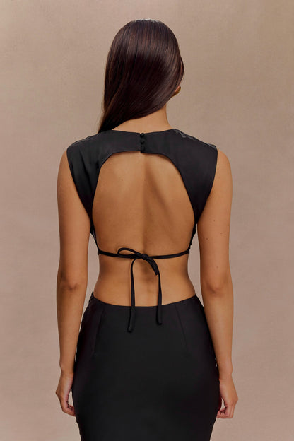 ROF Viviana Saten Kolsuz Crop Top - Siyah