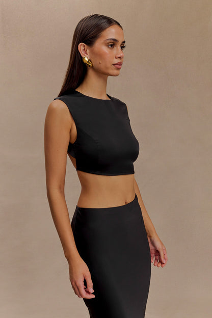 ROF Viviana Saten Kolsuz Crop Top - Siyah