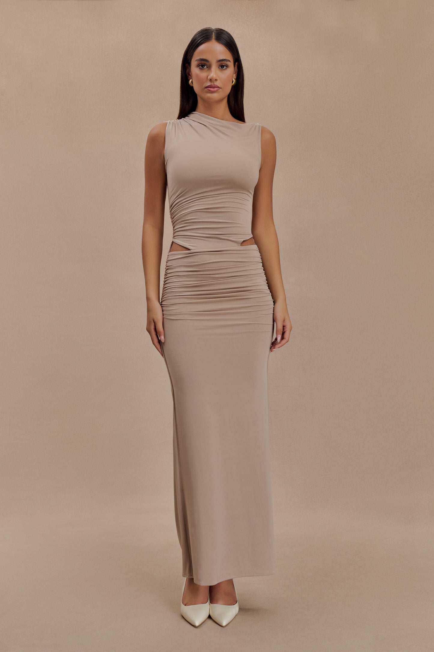 ROF Kaia Slinky Cut Out Maxi Elbise - Taupe