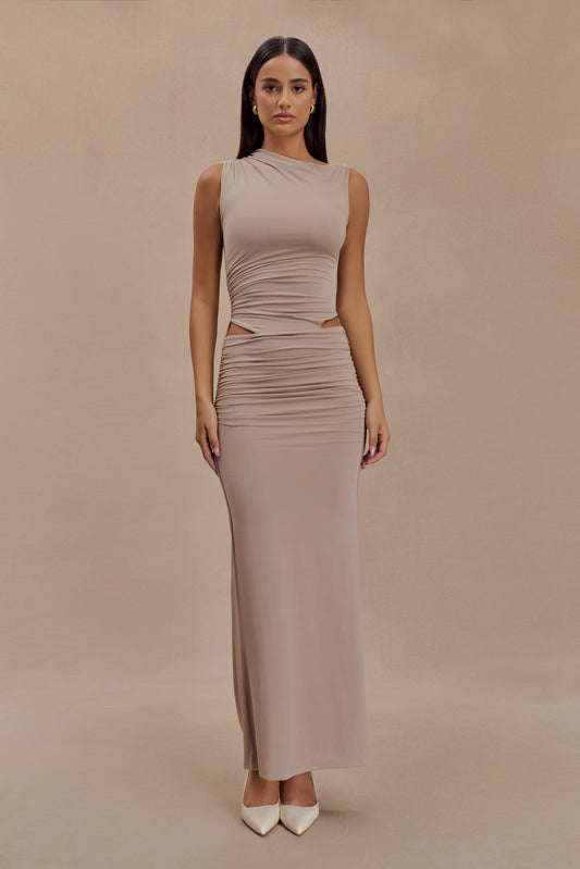 ROF Kaia Slinky Cut Out Maxi Elbise - Taupe