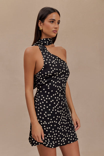 ROF Joan Satin Asimetrik Mini Elbise - Siyah Puantiyeli Baskı