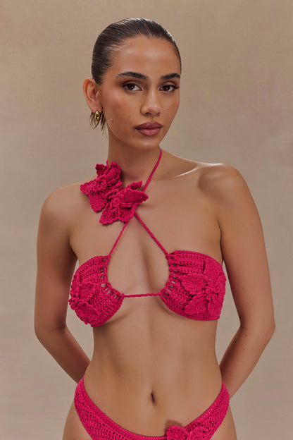ROF Nehir Çiçekli Tığ İşi Bikini Üstü - Pembe Kiraz