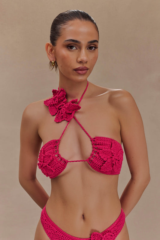 ROF Nehir Çiçekli Tığ İşi Bikini Üstü - Pembe Kiraz