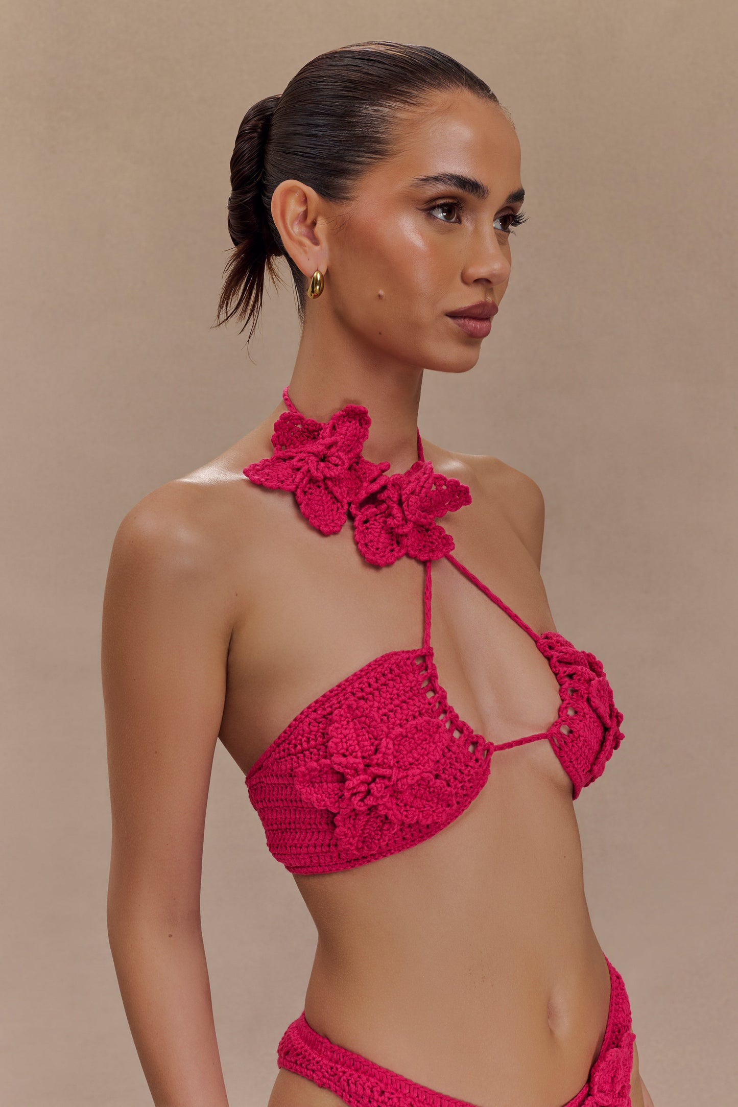 ROF Nehir Çiçekli Tığ İşi Bikini Üstü - Pembe Kiraz