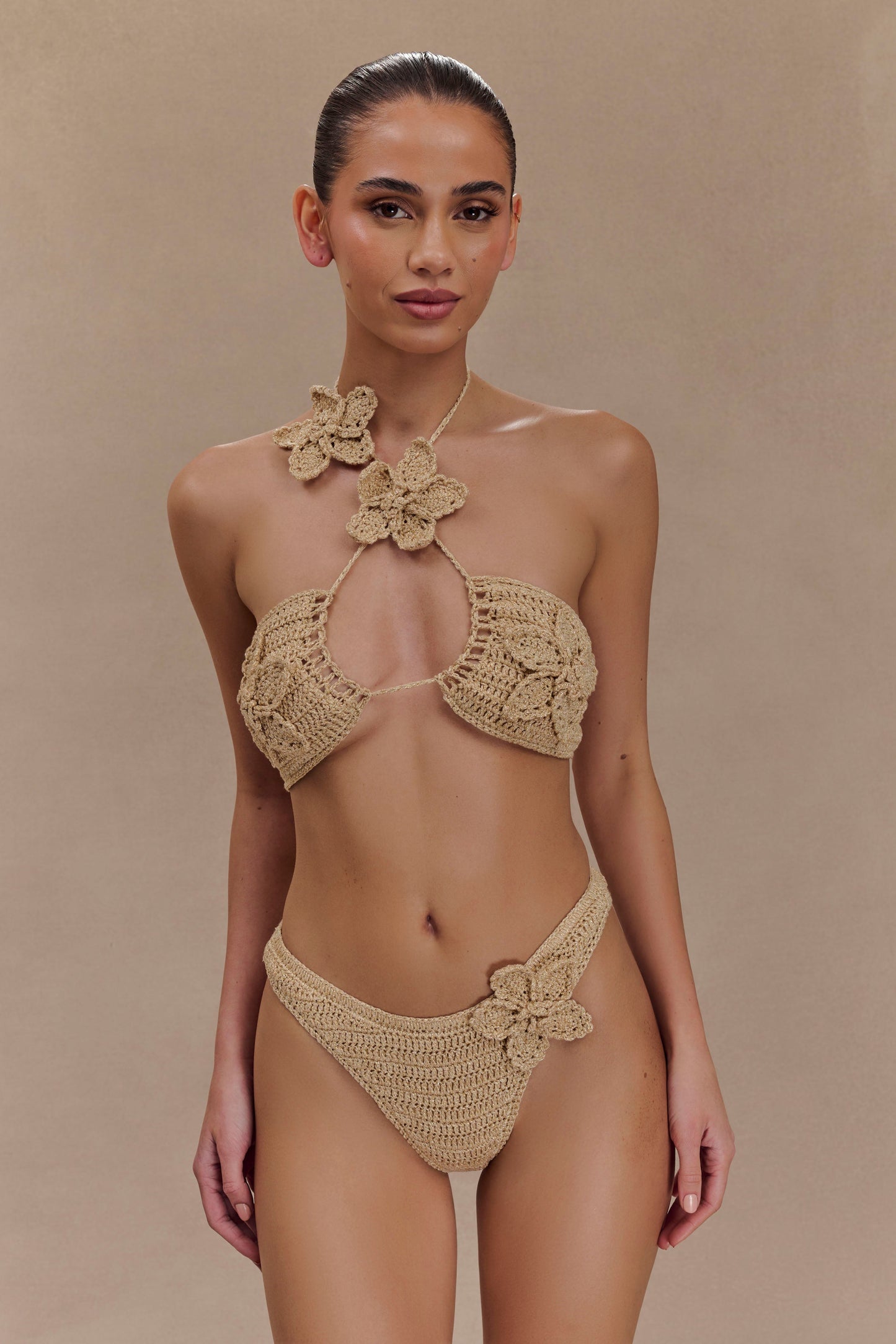 ROF Nehir Çiçekli Tığ Bikini Üstü - Altın